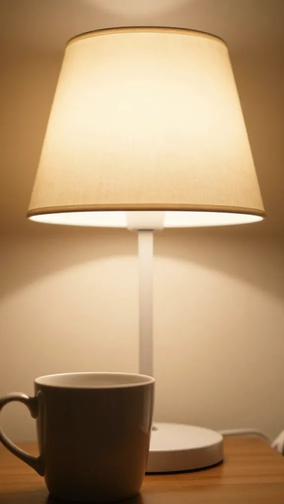 Closeup of a warm bedside lamp illuminating a coffee mug