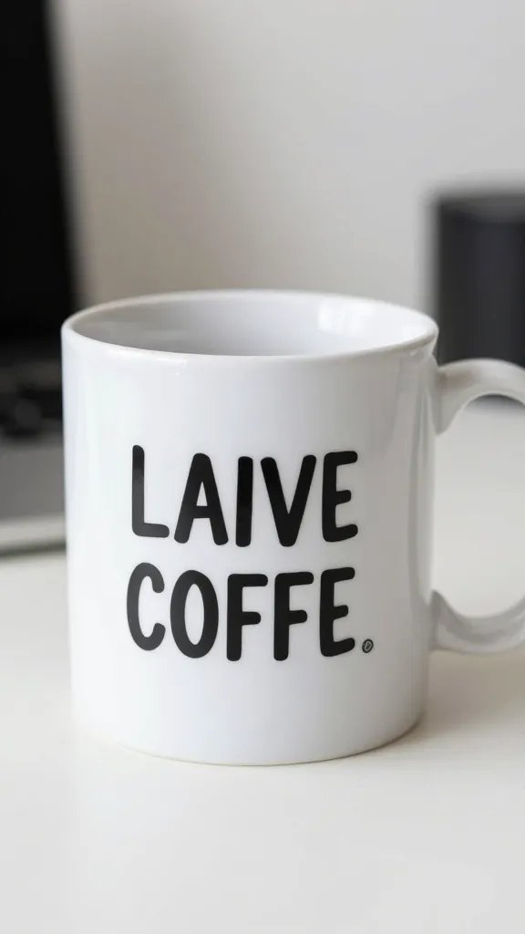 Closeup of a single stylish coffee mug with cheeky caption on a desk