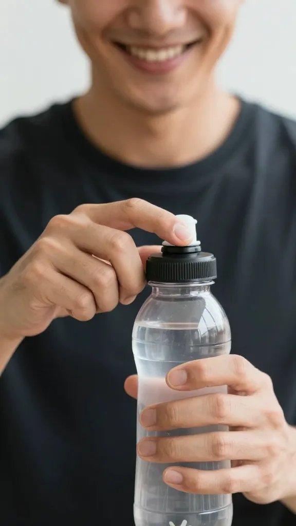 closeup of a smiling person tapping a water bottle after finishing a task