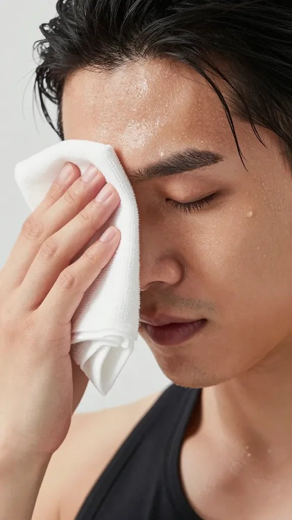 closeup of a person wiping sweat from brow after a quick workout finish