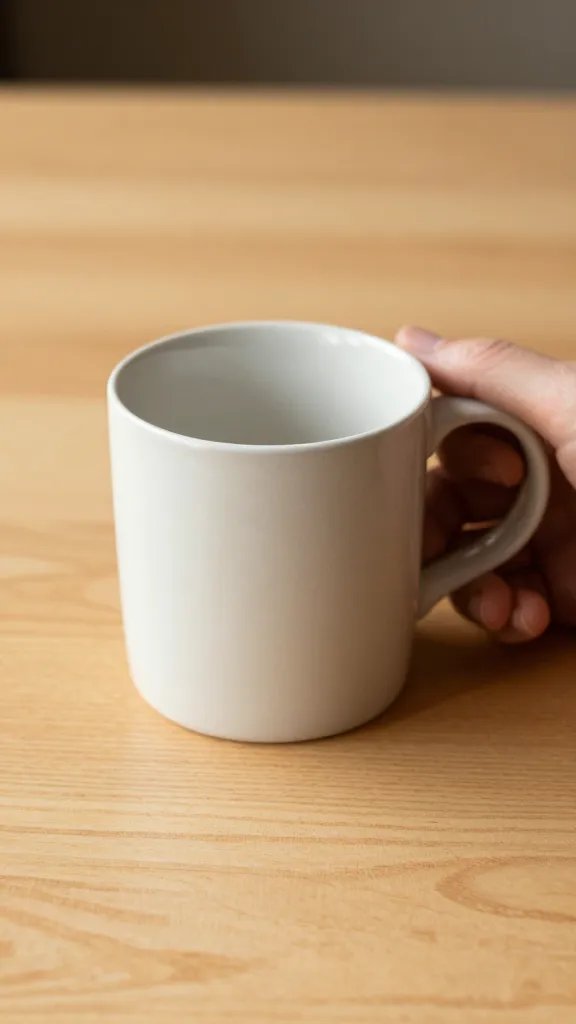 closeup of a hand-worn mug resting on a softly lit wooden table