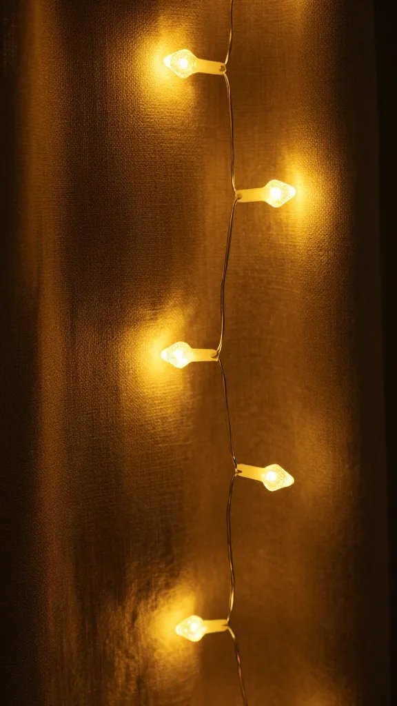 closeup of amber-lit string fairy lights against a cozy fabric backdrop
