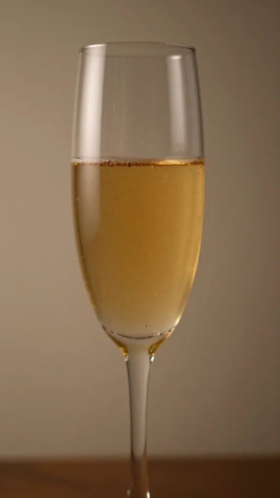 closeup of a lone glass of champagne with amber glow, shallow depth of field