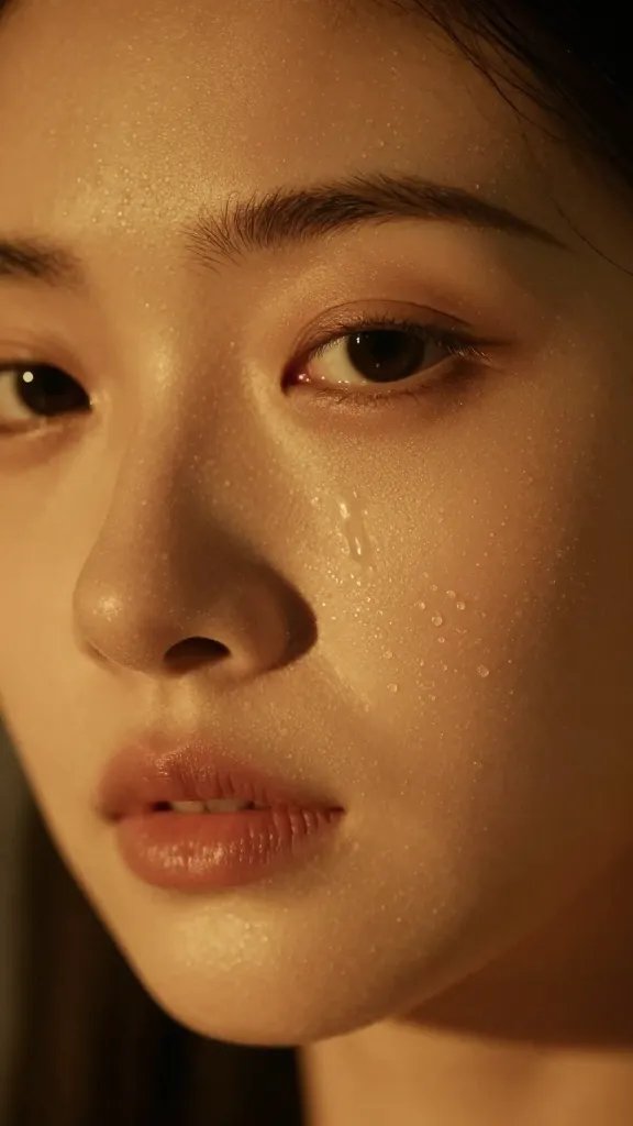 closeup portrait with warm amber lighting and dewy skin