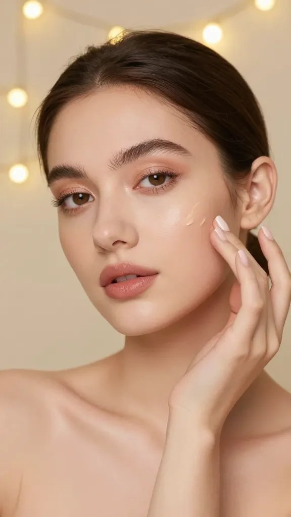 single hand applying soft glam makeup near warm string lights