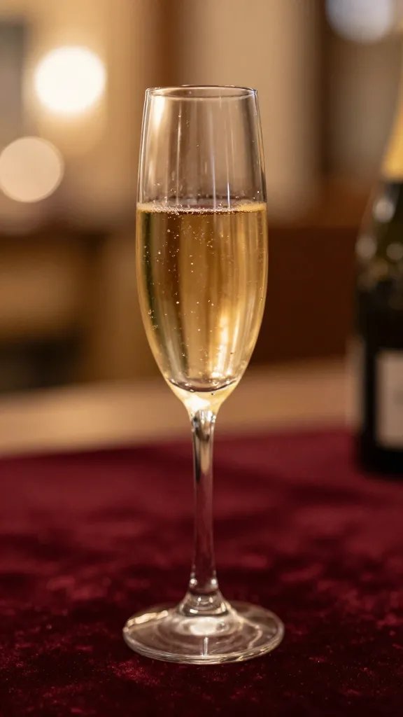 closeup of champagne flute on velvet surface, warm bokeh background